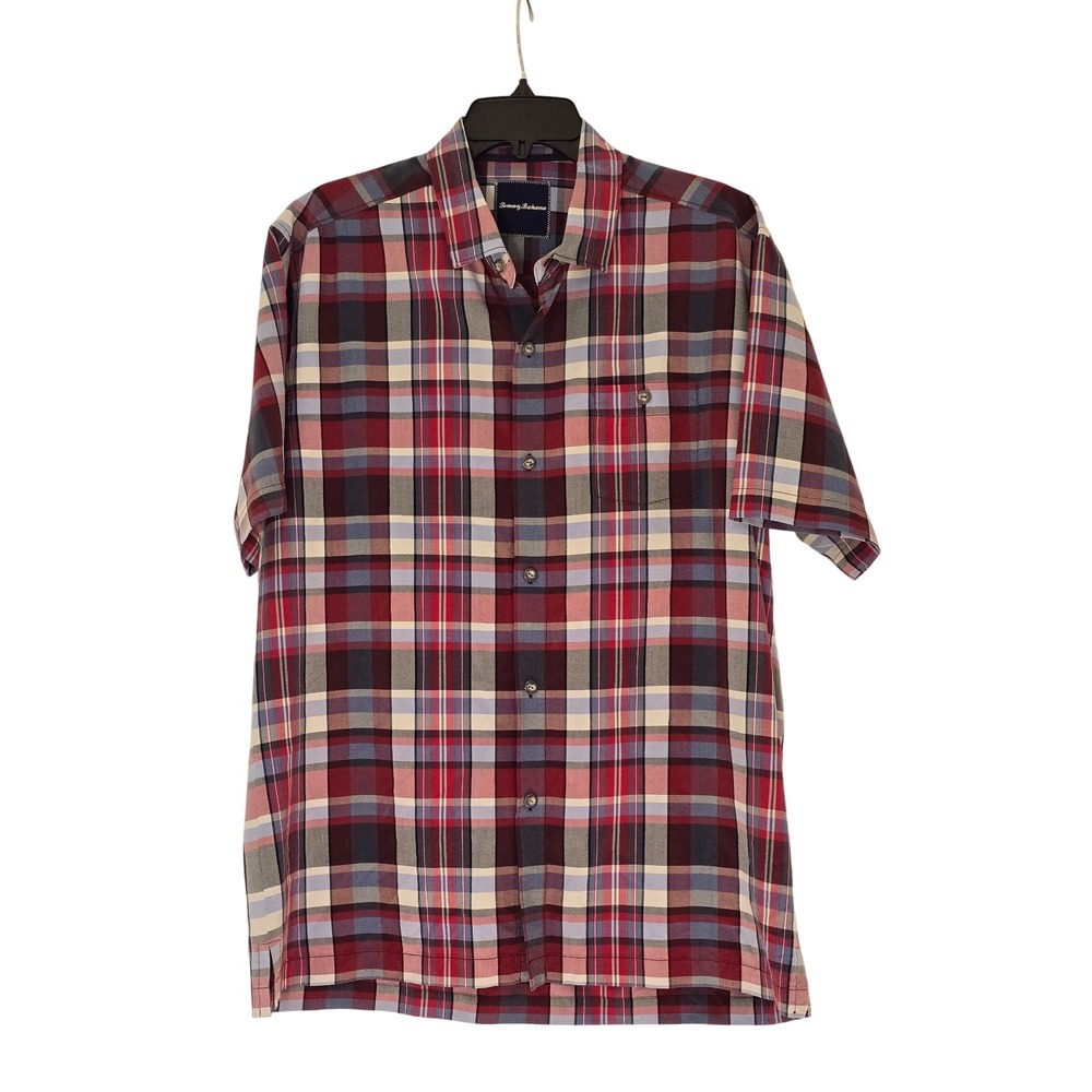 Tommy Bahama Mens Large 100% Silk Plaid Short Sleeve Button Up Camp Shirt Red